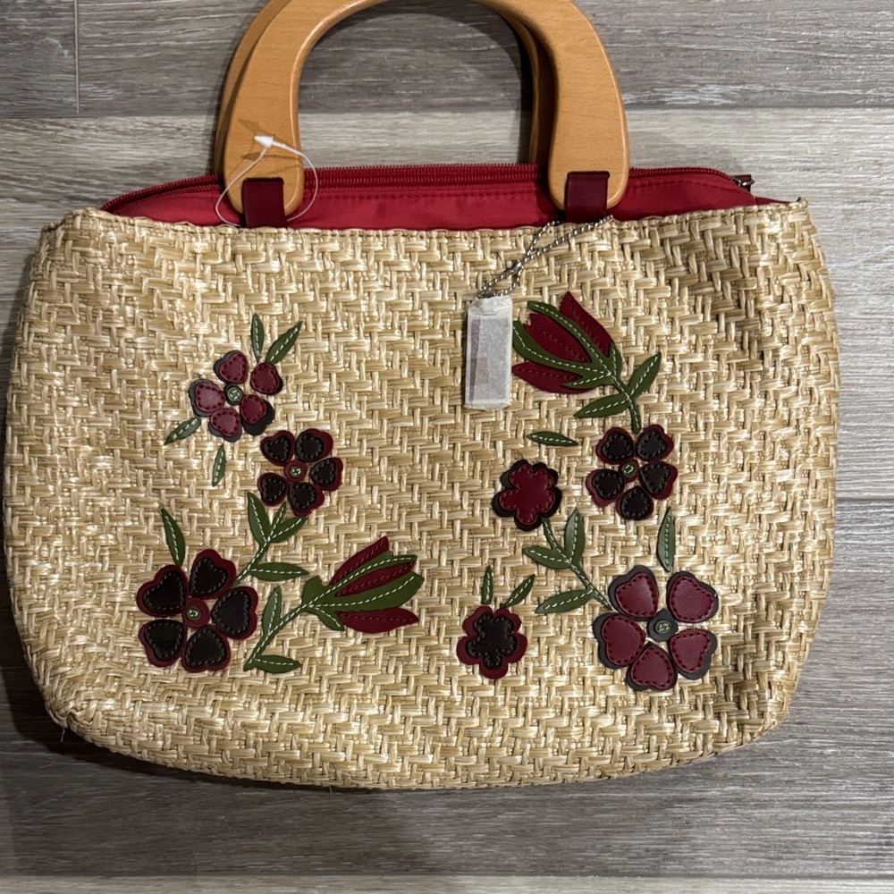 Covington Floral Straw Tote with Wooden Handles